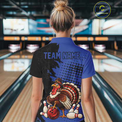 Custom Funny Turkey With Pilgrim Hat, Blue Thanksgiving Women Polo Bowling Shirt IPHW12809