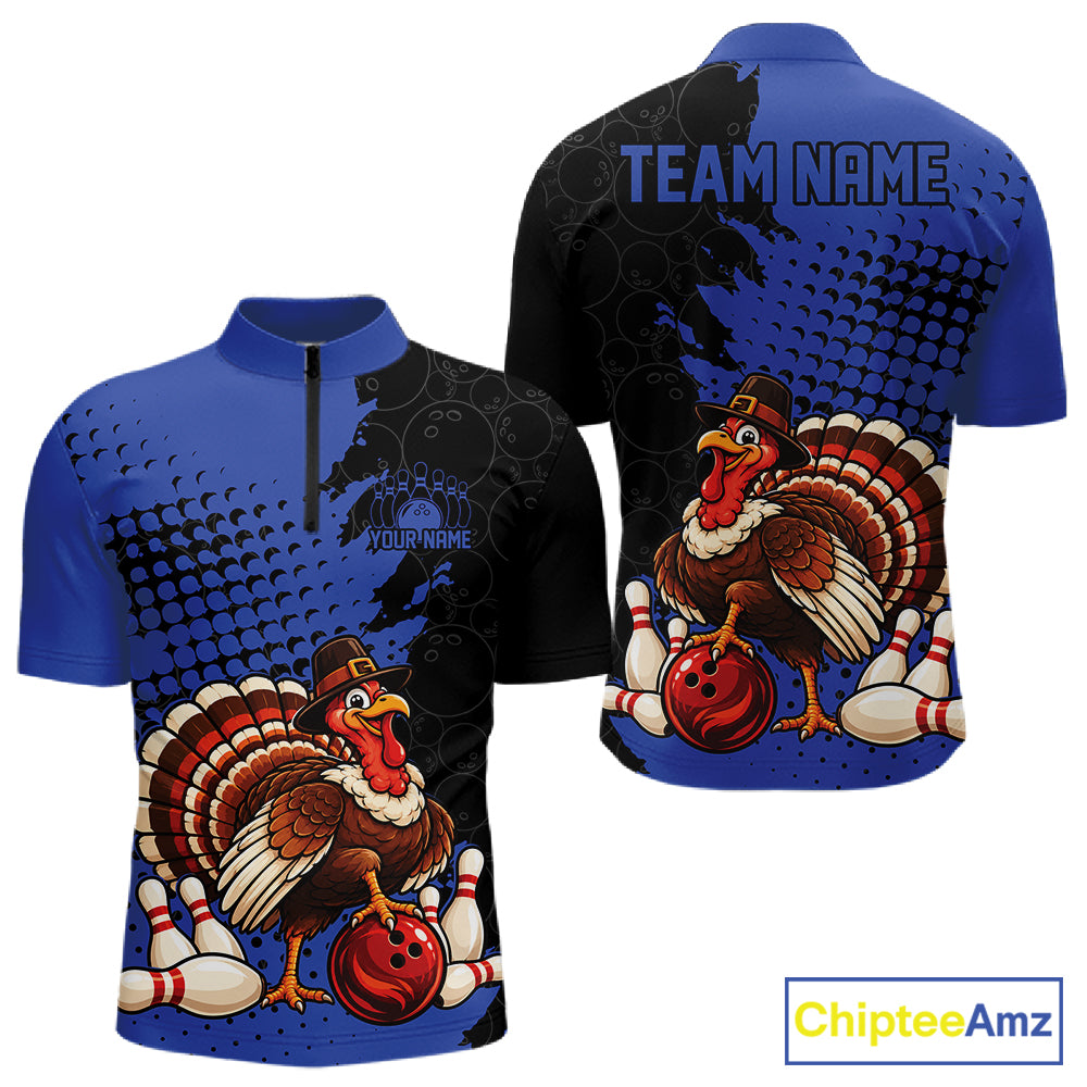 Custom Funny Turkey With Pilgrim Hat, Blue Thanksgiving Men Quarter Zip Bowling Shirt IPHW12809