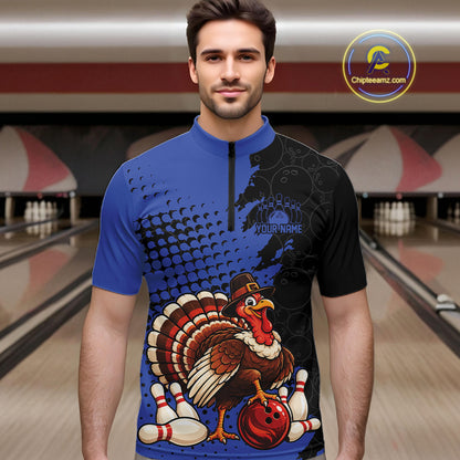 Custom Funny Turkey With Pilgrim Hat, Blue Thanksgiving Men Quarter Zip Bowling Shirt IPHW12809