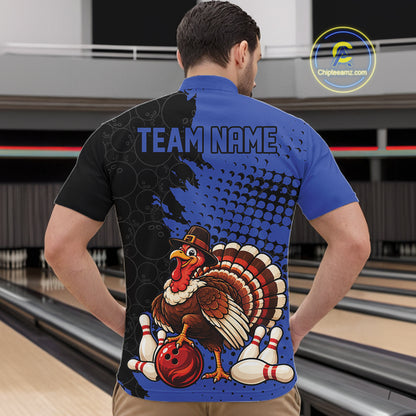 Custom Funny Turkey With Pilgrim Hat, Blue Thanksgiving Men Quarter Zip Bowling Shirt IPHW12809