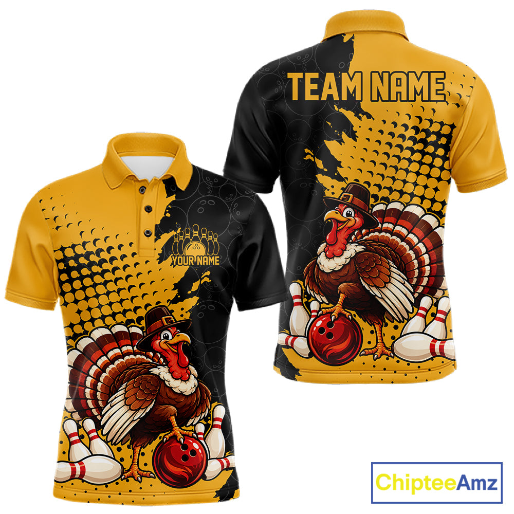 Custom Funny Turkey With Pilgrim Hat, Yellow Thanksgiving Men Polo Bowling Shirt IPHW12810