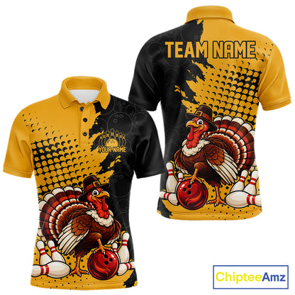 Custom Funny Turkey With Pilgrim Hat, Yellow Thanksgiving Men Polo Bowling Shirt IPHW12810