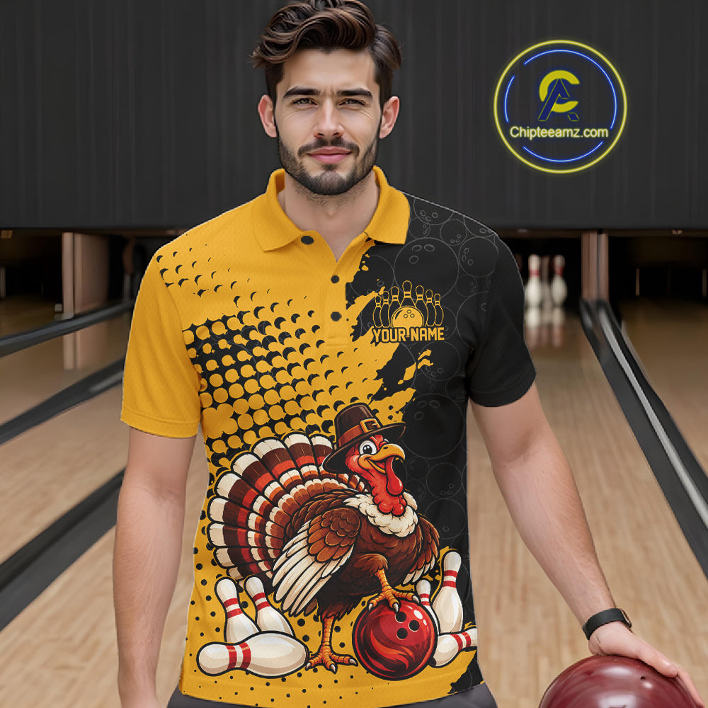 Custom Funny Turkey With Pilgrim Hat, Yellow Thanksgiving Men Polo Bowling Shirt IPHW12810