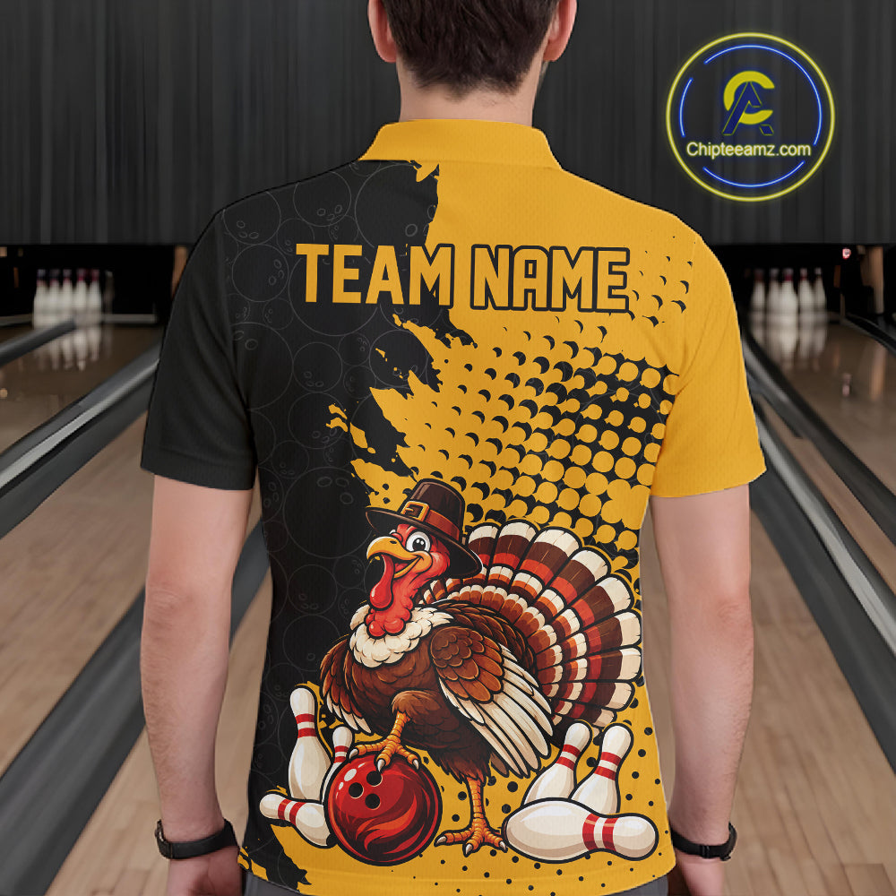 Custom Funny Turkey With Pilgrim Hat, Yellow Thanksgiving Men Polo Bowling Shirt IPHW12810