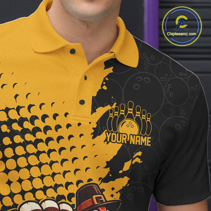 Custom Funny Turkey With Pilgrim Hat, Yellow Thanksgiving Men Polo Bowling Shirt IPHW12810