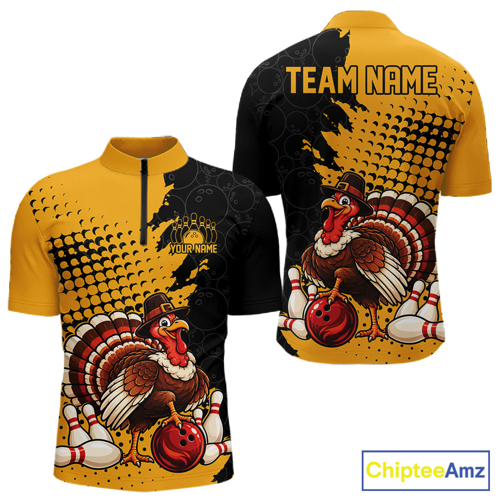 Custom Funny Turkey With Pilgrim Hat, Yellow Thanksgiving Men Quarter Zip Bowling Shirt IPHW12810