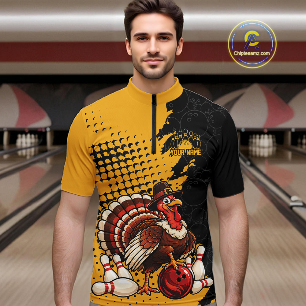 Custom Funny Turkey With Pilgrim Hat, Yellow Thanksgiving Men Quarter Zip Bowling Shirt IPHW12810
