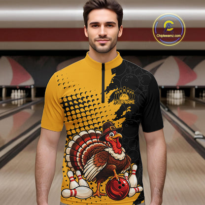 Custom Funny Turkey With Pilgrim Hat, Yellow Thanksgiving Men Quarter Zip Bowling Shirt IPHW12810