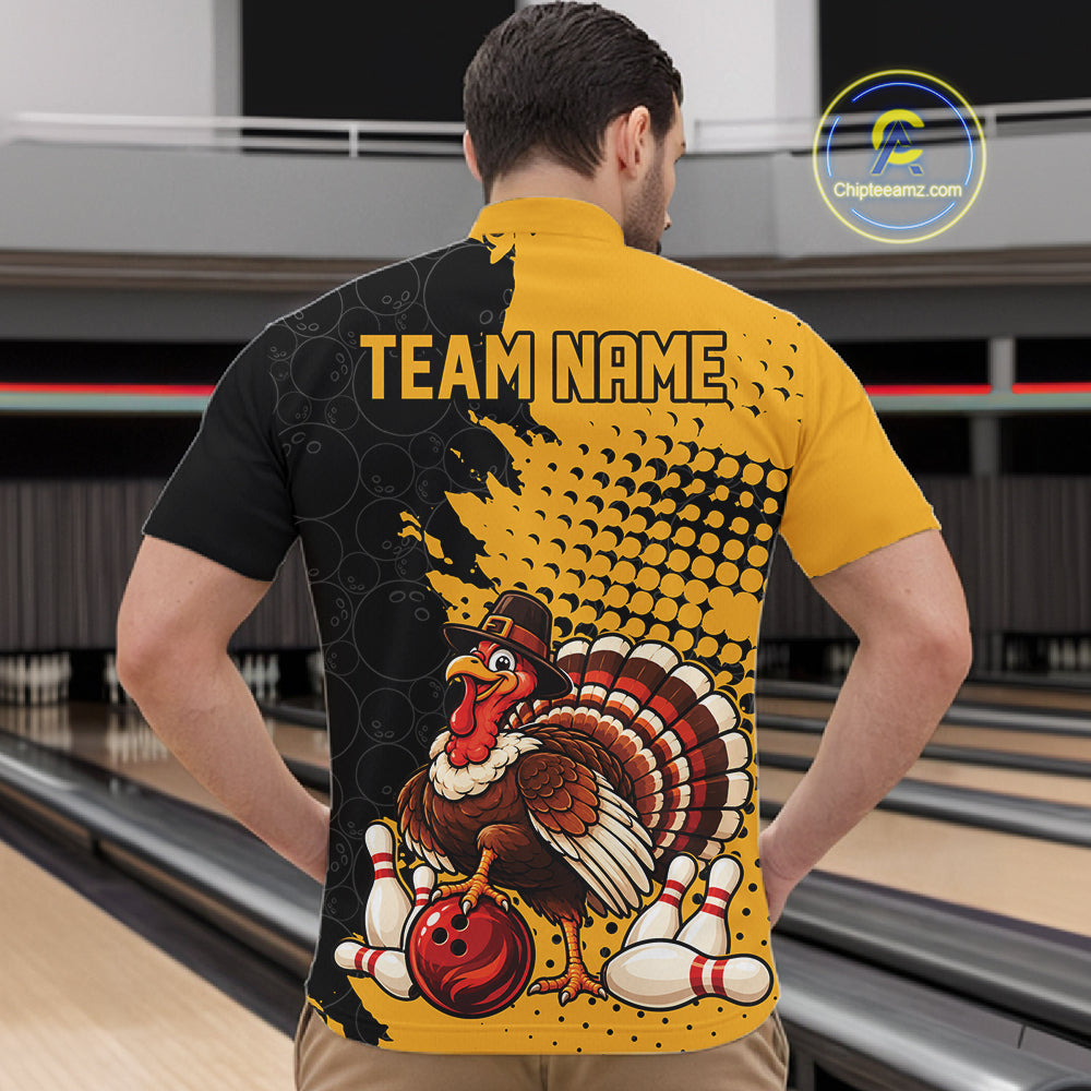 Custom Funny Turkey With Pilgrim Hat, Yellow Thanksgiving Men Quarter Zip Bowling Shirt IPHW12810