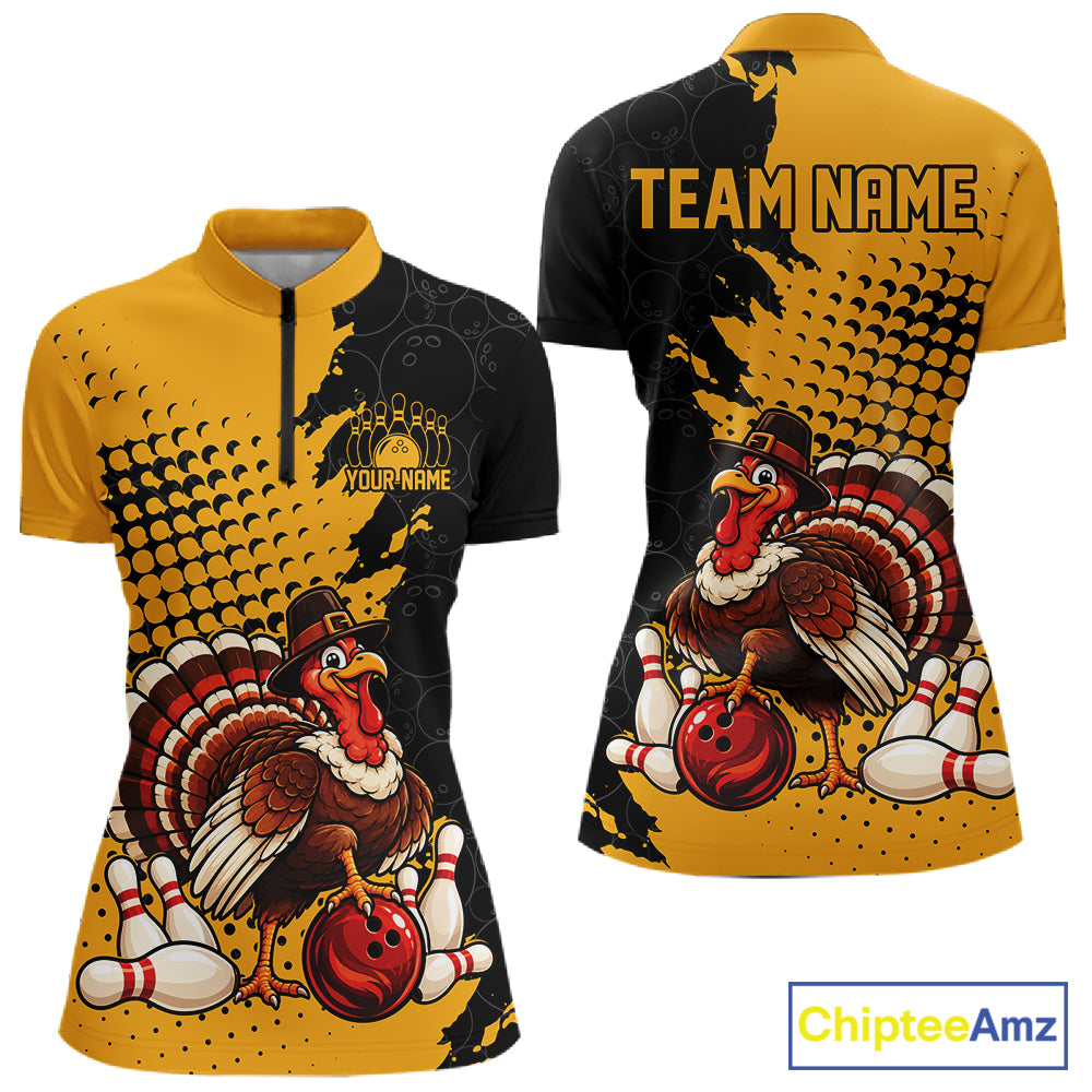 Custom Turkey With Pilgrim Hat, Yellow Thanksgiving Women Quarter-Zip Bowling Shirt IPHW12810
