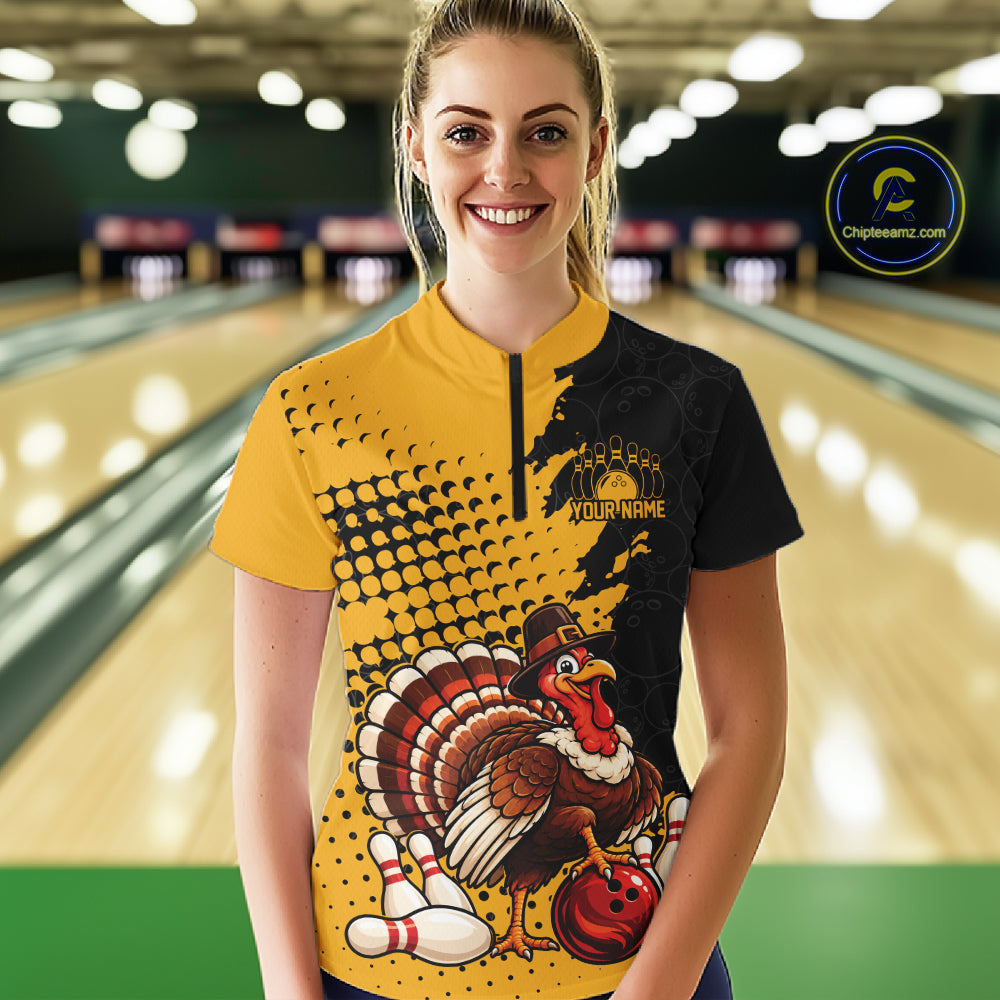 Custom Turkey With Pilgrim Hat, Yellow Thanksgiving Women Quarter-Zip Bowling Shirt IPHW12810