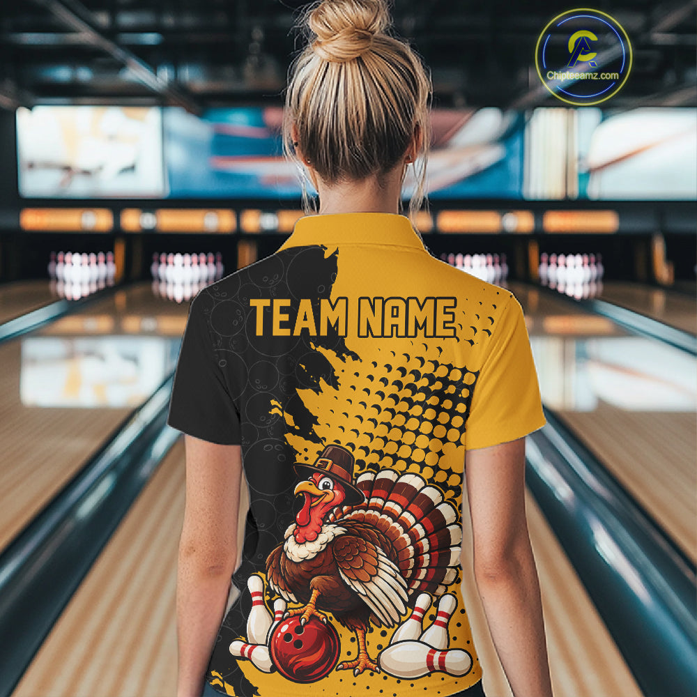 Custom Turkey With Pilgrim Hat, Yellow Thanksgiving Women Quarter-Zip Bowling Shirt IPHW12810