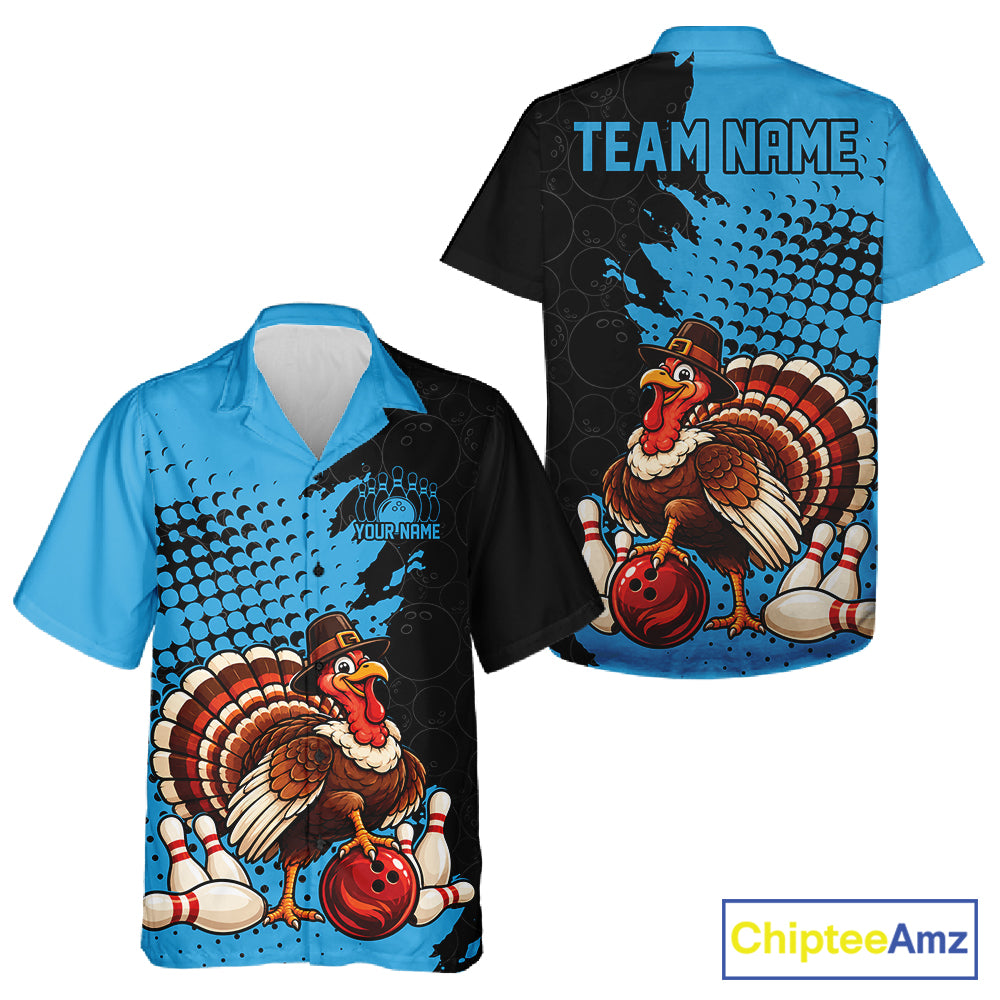 Custom Funny Turkey With Pilgrim Hat, Sky Blue Thanksgiving Men And Women Button Up Bowling Shirt IPHW12811