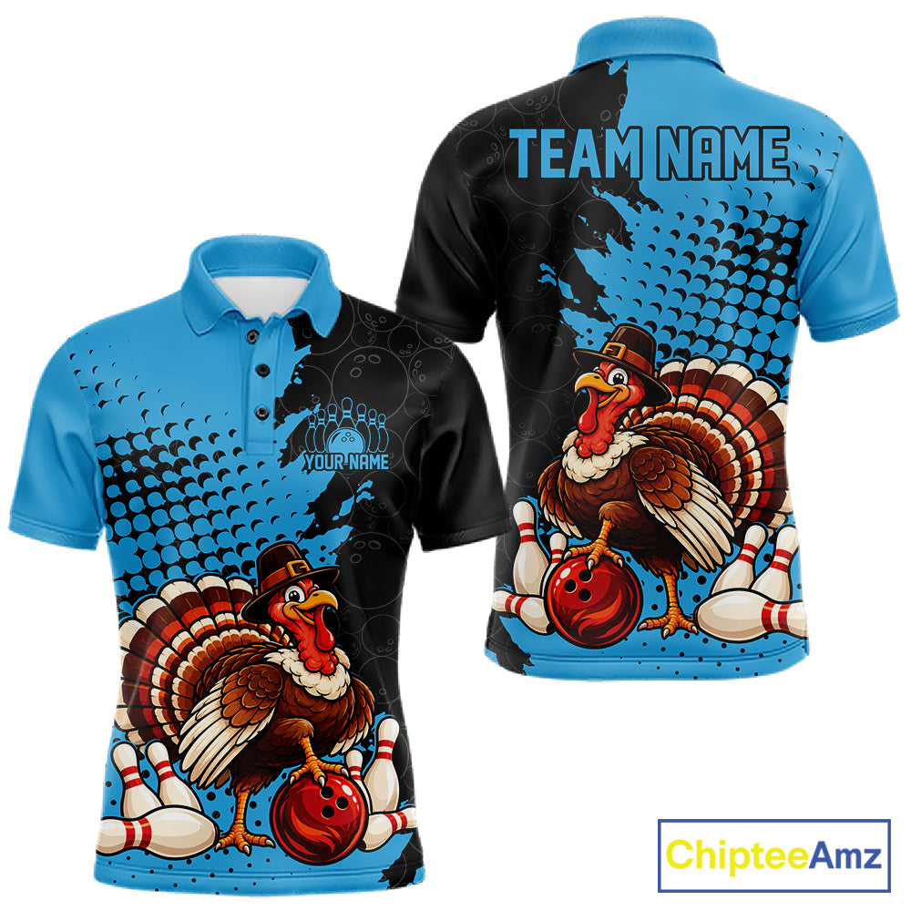 Custom Funny Turkey With Pilgrim Hat, Sky Blue Thanksgiving Men Polo Bowling Shirt IPHW12811