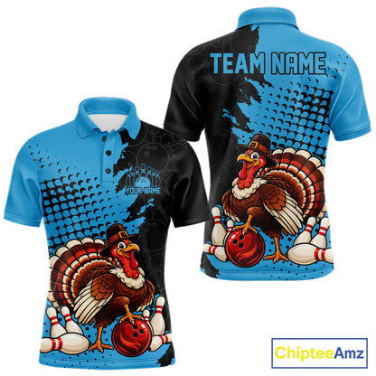 Custom Funny Turkey With Pilgrim Hat, Sky Blue Thanksgiving Men Polo Bowling Shirt IPHW12811