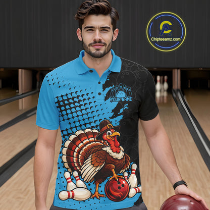 Custom Funny Turkey With Pilgrim Hat, Sky Blue Thanksgiving Men Polo Bowling Shirt IPHW12811