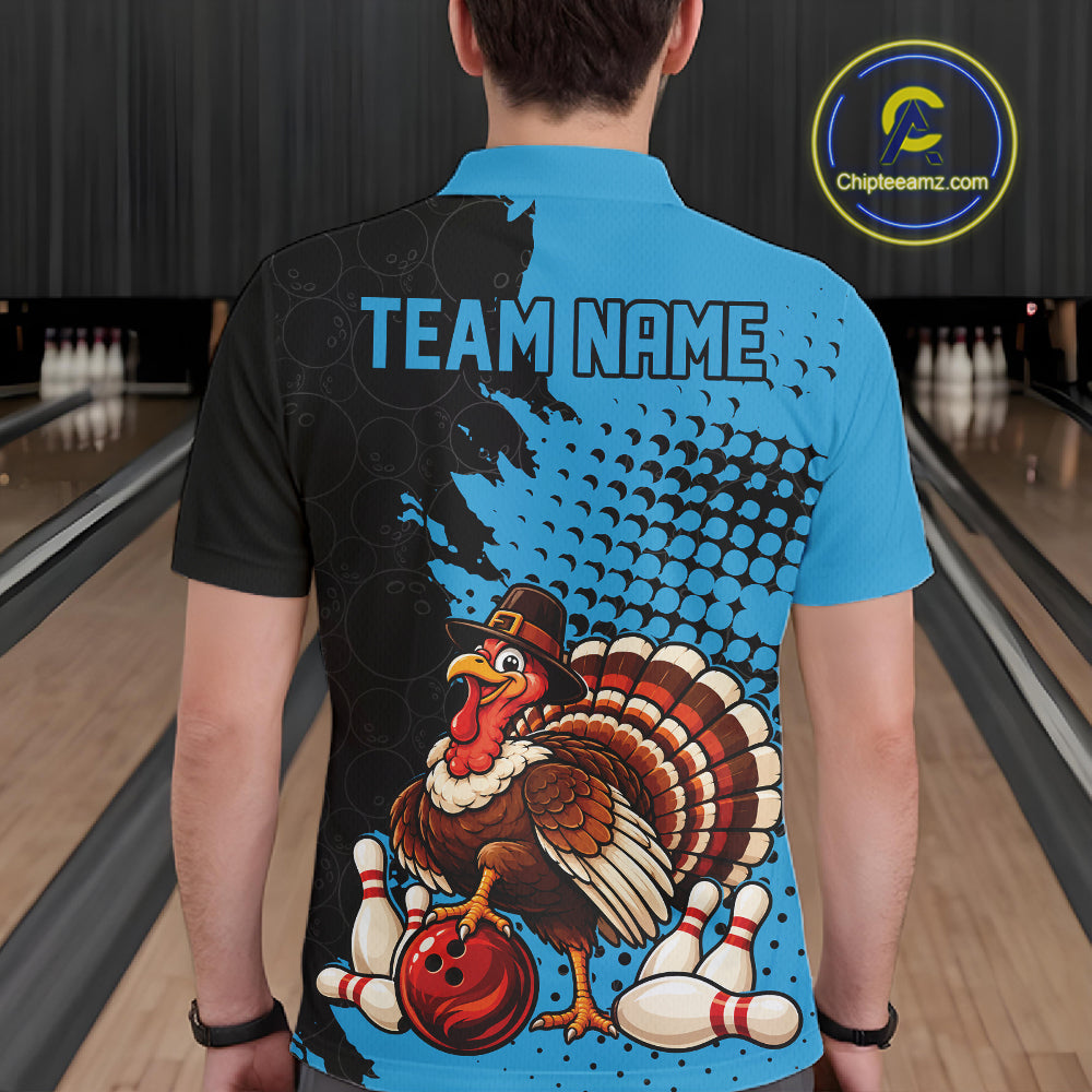 Custom Funny Turkey With Pilgrim Hat, Sky Blue Thanksgiving Men Polo Bowling Shirt IPHW12811
