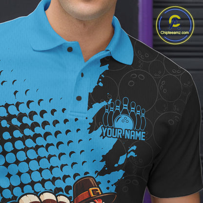 Custom Funny Turkey With Pilgrim Hat, Sky Blue Thanksgiving Men Polo Bowling Shirt IPHW12811