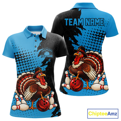 Custom Funny Turkey With Pilgrim Hat, Sky Blue Thanksgiving Women Polo Bowling Shirt IPHW12811