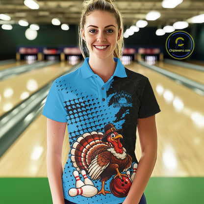 Custom Funny Turkey With Pilgrim Hat, Sky Blue Thanksgiving Women Polo Bowling Shirt IPHW12811