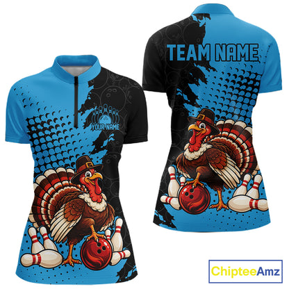 Custom Turkey With Pilgrim Hat, Sky Blue Thanksgiving Women Quarter-Zip Bowling Shirt IPHW12811