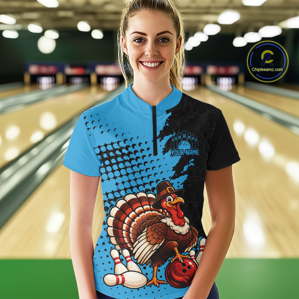 Custom Turkey With Pilgrim Hat, Sky Blue Thanksgiving Women Quarter-Zip Bowling Shirt IPHW12811