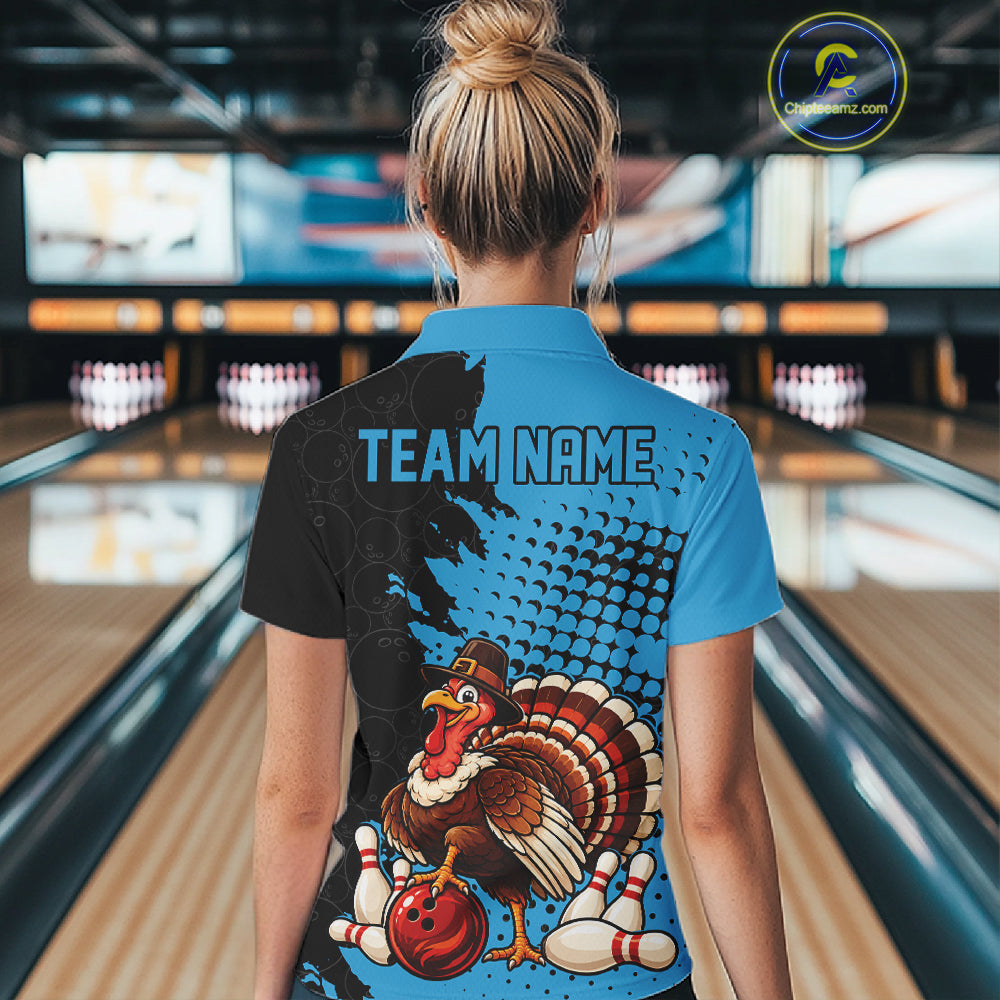 Custom Turkey With Pilgrim Hat, Sky Blue Thanksgiving Women Quarter-Zip Bowling Shirt IPHW12811