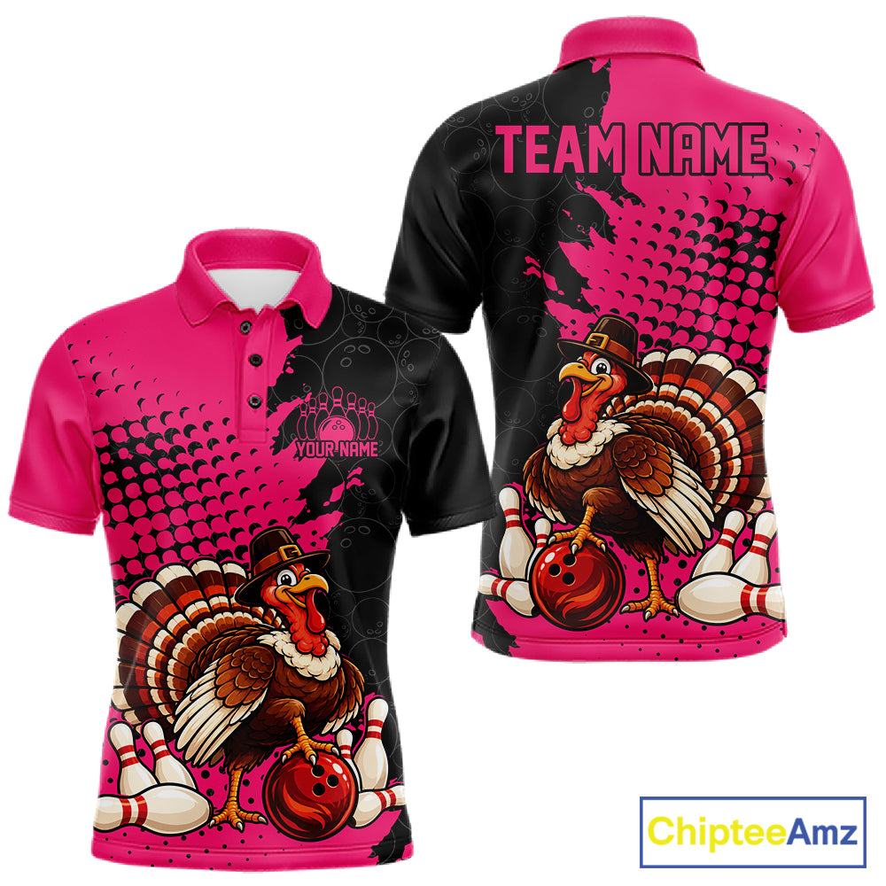 Custom Funny Turkey With Pilgrim Hat, Pink Thanksgiving Men Polo Bowling Shirt IPHW12812