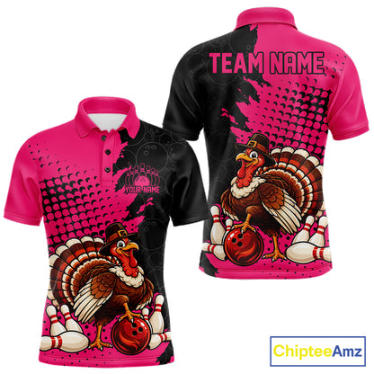 Custom Funny Turkey With Pilgrim Hat, Pink Thanksgiving Men Polo Bowling Shirt IPHW12812