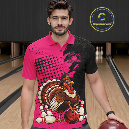 Custom Funny Turkey With Pilgrim Hat, Pink Thanksgiving Men Polo Bowling Shirt IPHW12812