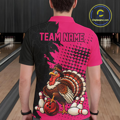 Custom Funny Turkey With Pilgrim Hat, Pink Thanksgiving Men Polo Bowling Shirt IPHW12812