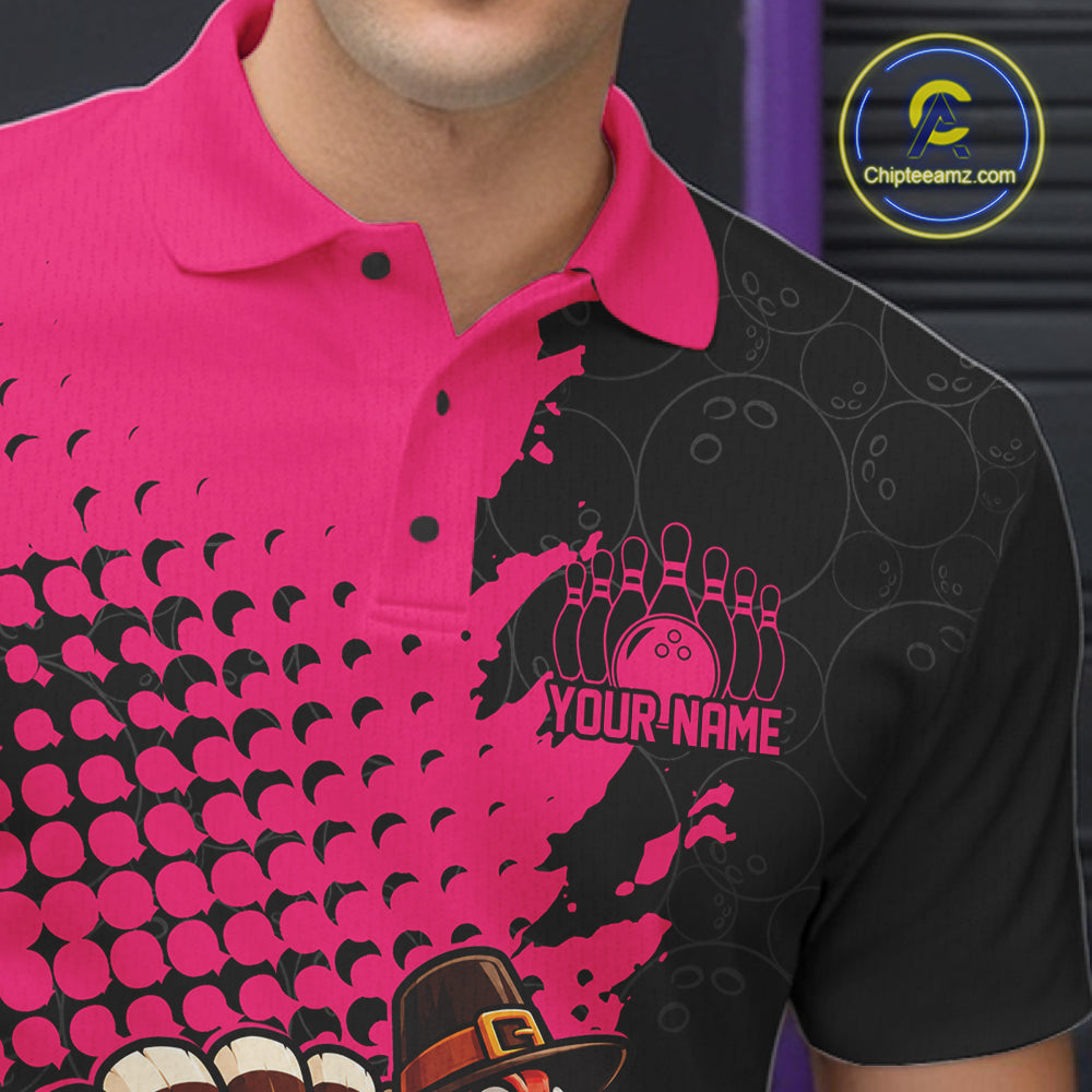Custom Funny Turkey With Pilgrim Hat, Pink Thanksgiving Men Polo Bowling Shirt IPHW12812