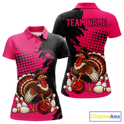 Custom Funny Turkey With Pilgrim Hat, Pink Thanksgiving Women Polo Bowling Shirt IPHW12812
