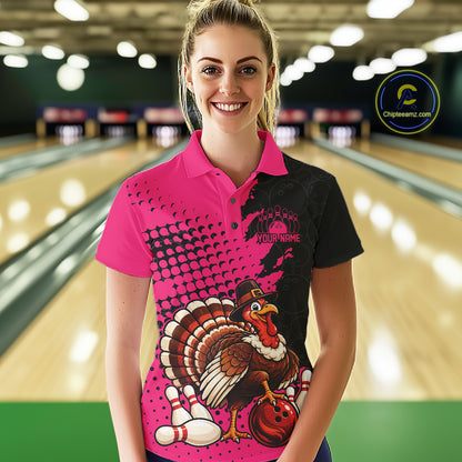 Custom Funny Turkey With Pilgrim Hat, Pink Thanksgiving Women Polo Bowling Shirt IPHW12812