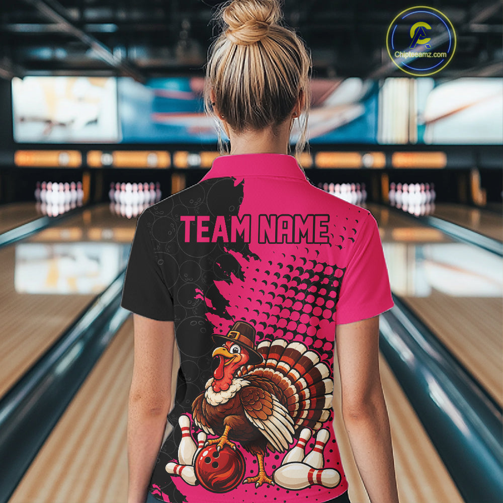 Custom Funny Turkey With Pilgrim Hat, Pink Thanksgiving Women Polo Bowling Shirt IPHW12812