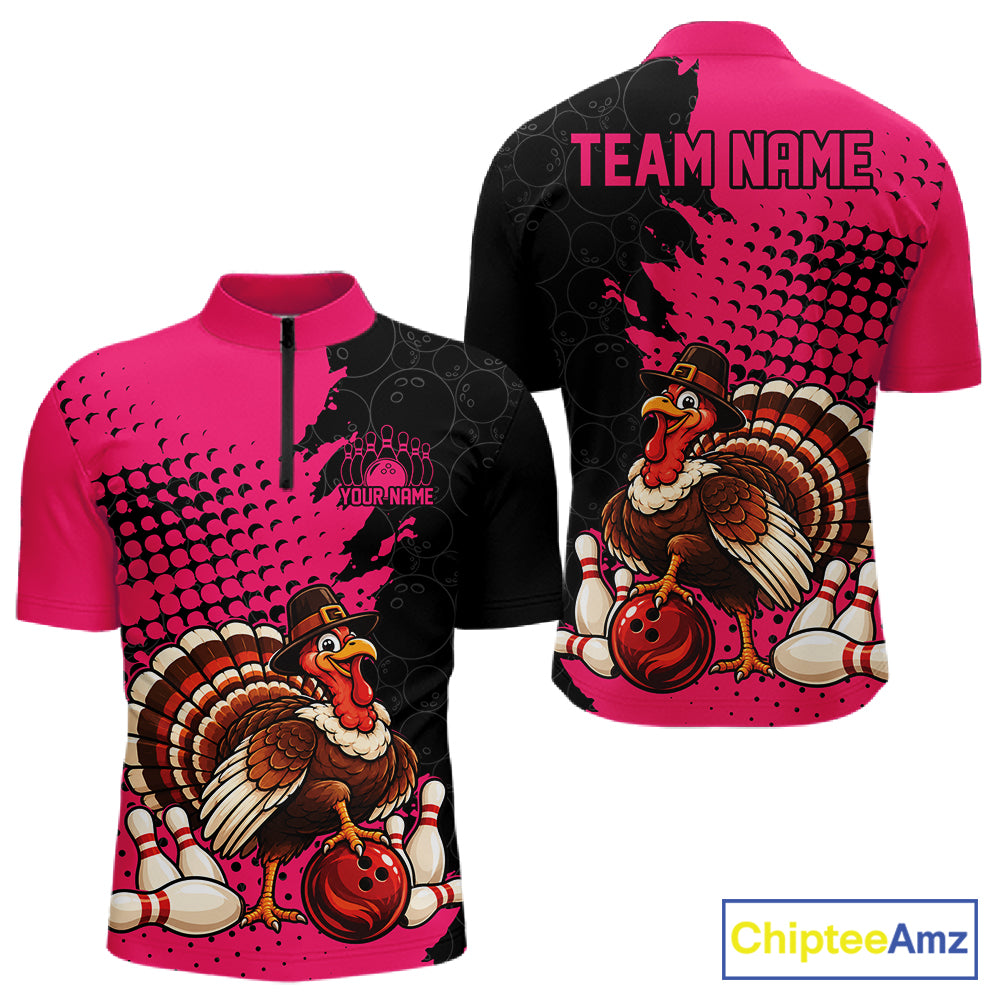 Custom Funny Turkey With Pilgrim Hat, Pink Thanksgiving Men Quarter Zip Bowling Shirt IPHW12812
