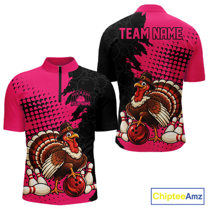Custom Funny Turkey With Pilgrim Hat, Pink Thanksgiving Men Quarter Zip Bowling Shirt IPHW12812