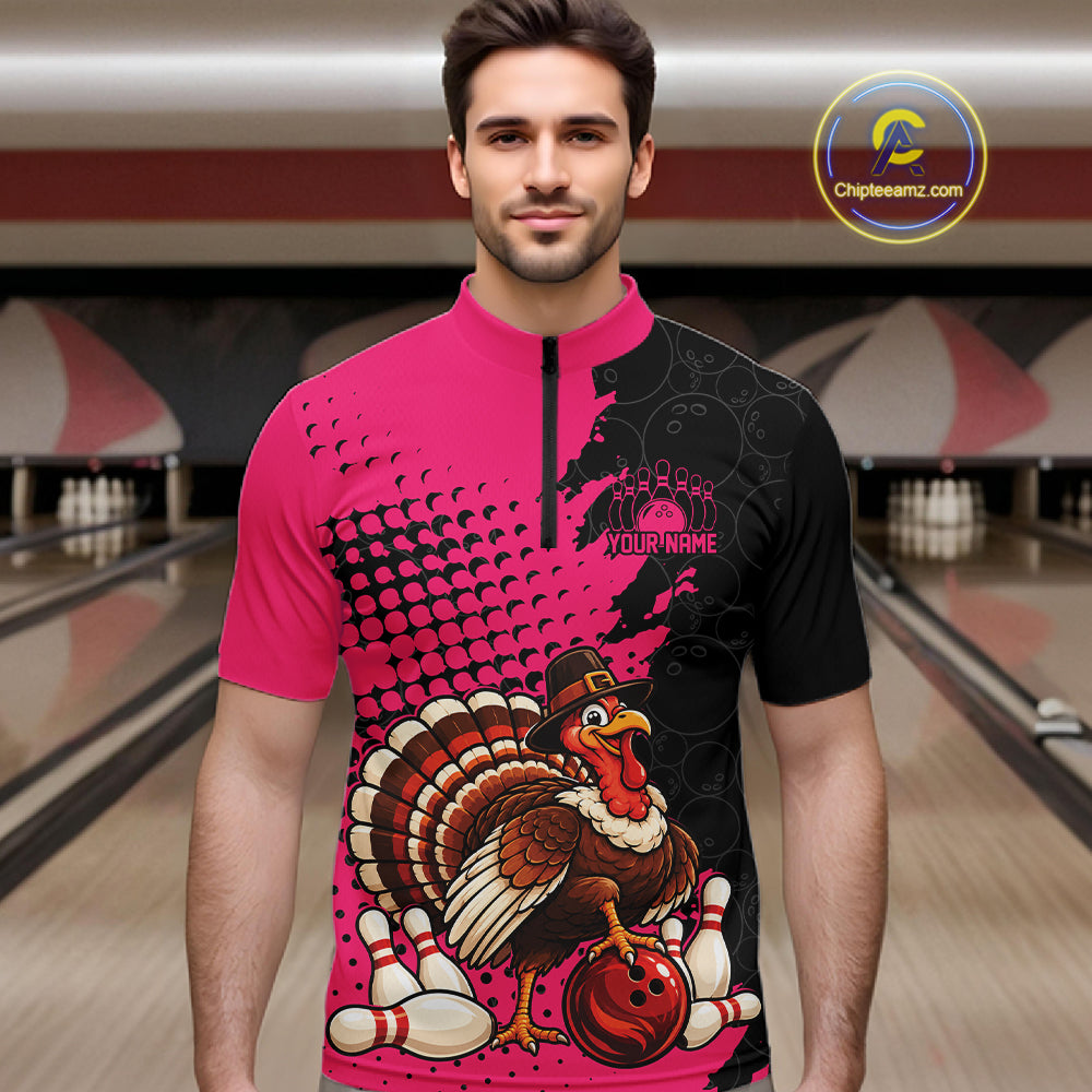 Custom Funny Turkey With Pilgrim Hat, Pink Thanksgiving Men Quarter Zip Bowling Shirt IPHW12812