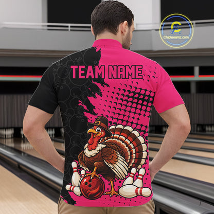 Custom Funny Turkey With Pilgrim Hat, Pink Thanksgiving Men Quarter Zip Bowling Shirt IPHW12812