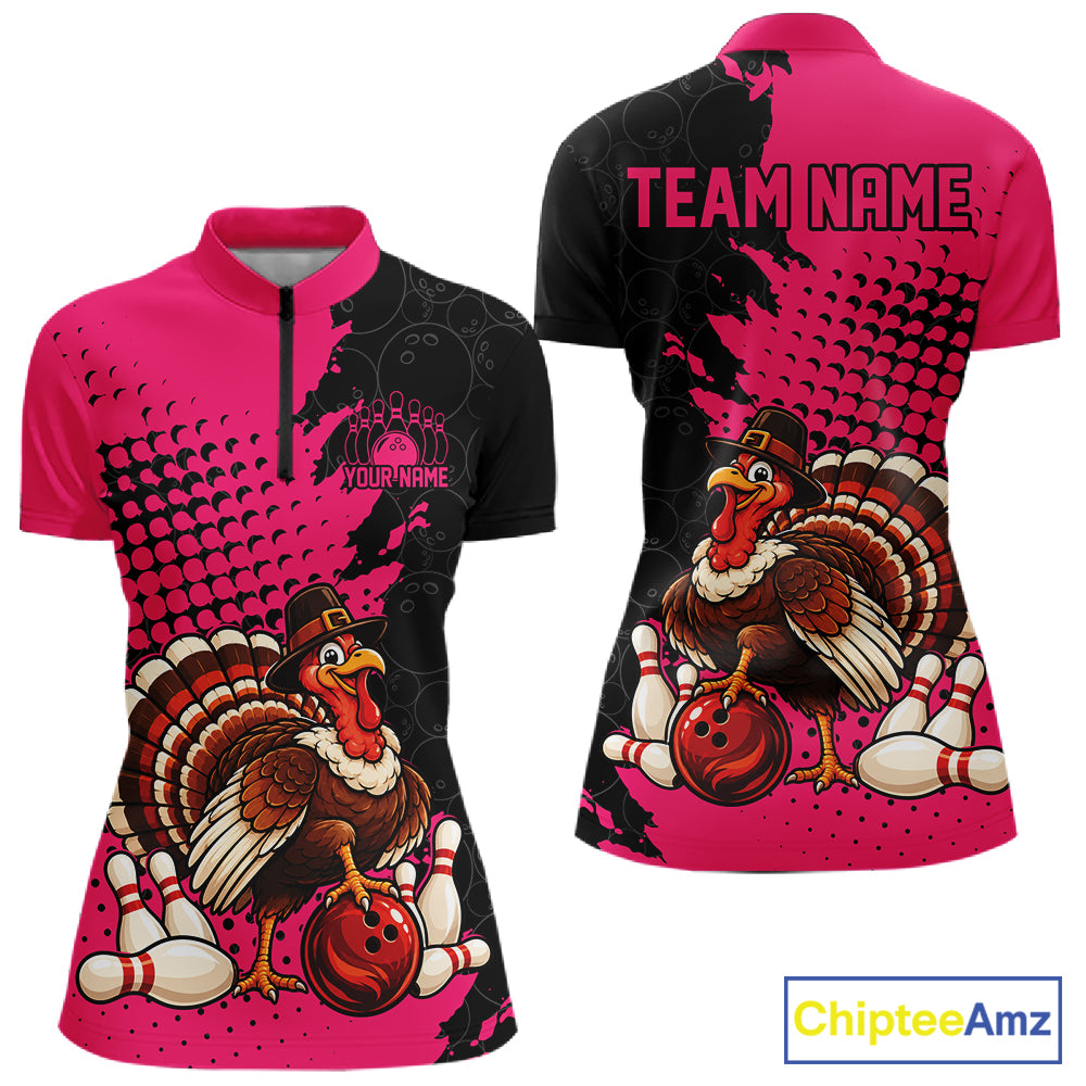 Custom Funny Turkey With Pilgrim Hat, Pink Thanksgiving Women Quarter-Zip Bowling Shirt IPHW12812