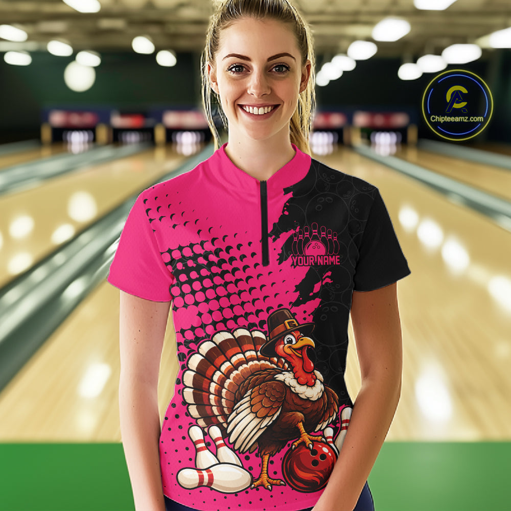 Custom Funny Turkey With Pilgrim Hat, Pink Thanksgiving Women Quarter-Zip Bowling Shirt IPHW12812