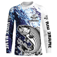 Load image into Gallery viewer, Striped Bass Fishing Custom Long Sleeve Performance Fishing Shirts, Striper Fishing Jerseys | Blue IPHW5821