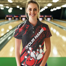 Load image into Gallery viewer, Grunge Black And Red Custom Flame Bowling Team Polo Shirts For Women, Bowling League Shirt IPHW8524
