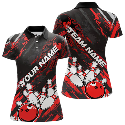 Grunge Black And Red Custom Flame Bowling Team Polo Shirts For Women, Bowling League Shirt IPHW8524