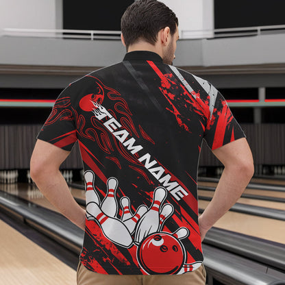 Grunge Black And Red Custom Flame Bowling Team Quarter-Zip Shirts For Men, Bowling League Shirt IPHW8524