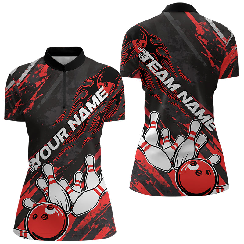 Grunge Black And Red Custom Flame Bowling Team Womens Quarter-Zip Shirts, Bowling League IPHW8524
