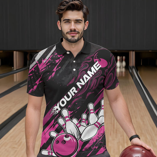 Grunge Black And Pink Custom Flame Bowling Team Polo Shirts For Men, Bowling League Shirt IPHW8525