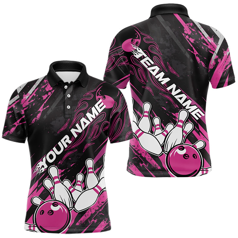 Grunge Black And Pink Custom Flame Bowling Team Polo Shirts For Men, Bowling League Shirt IPHW8525