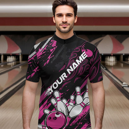 Grunge Black And Pink Custom Flame Bowling Team Quarter-Zip Shirts For Men, Bowling League Shirt IPHW8525