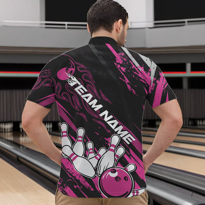 Grunge Black And Pink Custom Flame Bowling Team Quarter-Zip Shirts For Men, Bowling League Shirt IPHW8525